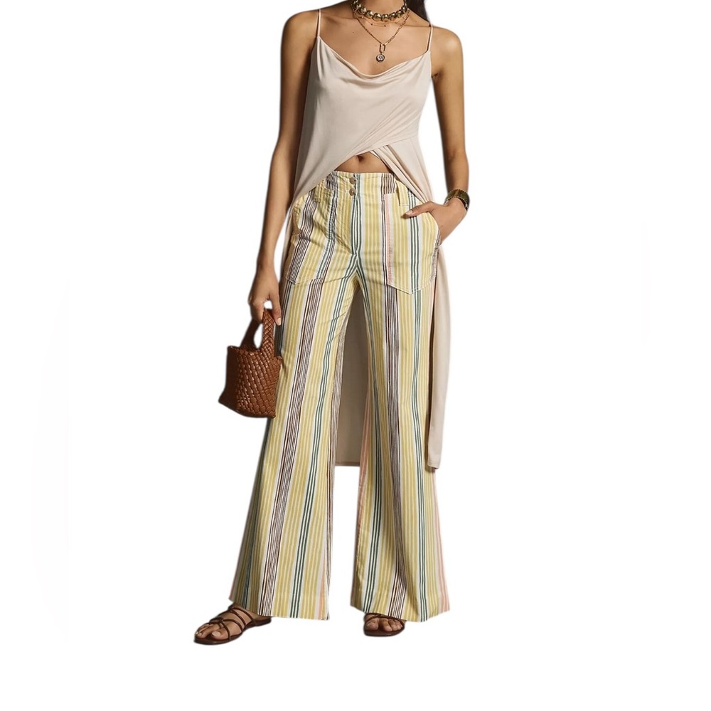Anthropologie Maeve Naomi wide leg striped flare pants 4 yellow preppy boho